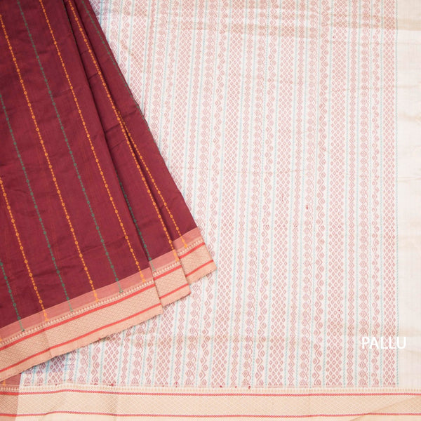 Poly Cotton Maroon Thread Striped Saree And Thread Border