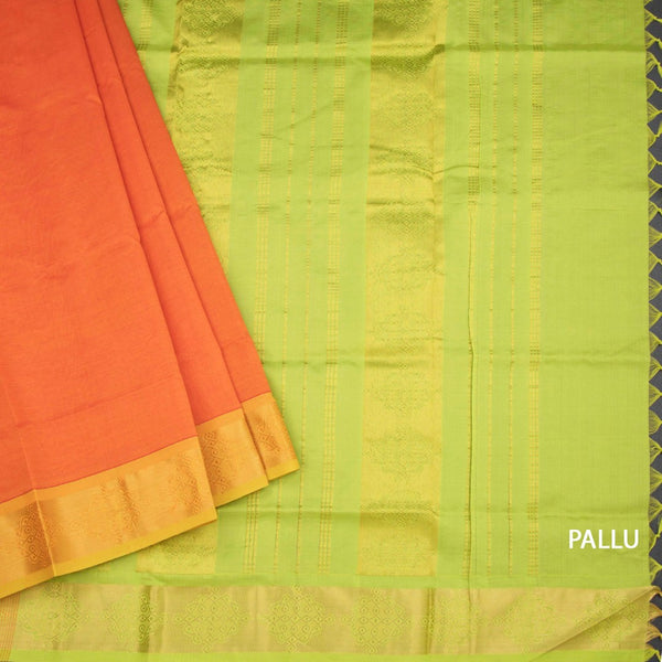 Poly Cotton Orange Plain Saree And Zari Border