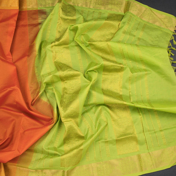 Poly Cotton Orange Plain Saree And Zari Border