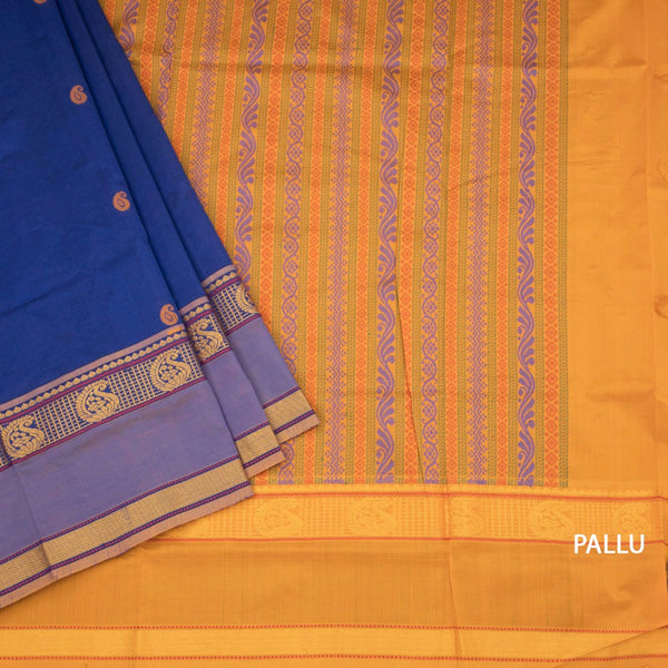 Poly Cotton Dark Blue Saree With Mango Thread Buttas