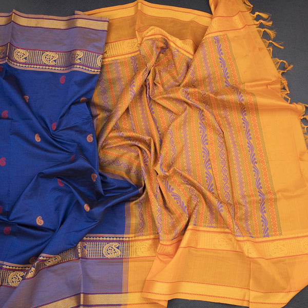 Poly Cotton Dark Blue Saree With Mango Thread Buttas
