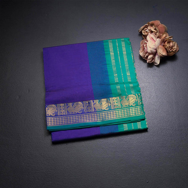 Poly Cotton Indigo Blue Plain Saree And Peacock Zari Buttas