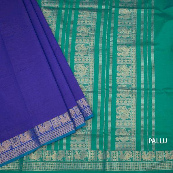 Poly Cotton Indigo Blue Plain Saree And Peacock Zari Buttas