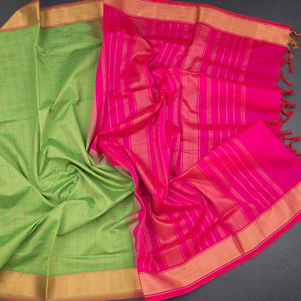 Poly Cotton Parrot Green Thread Checked Saree And Bavanji Border