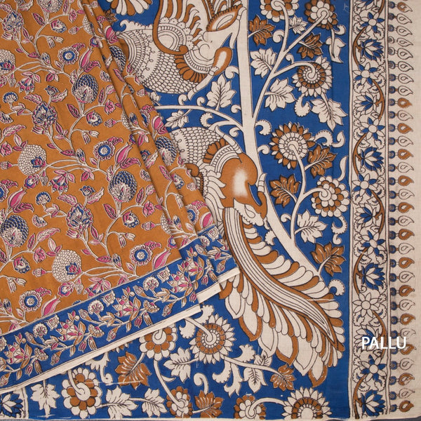 Kalamkari Cotton Mustard Yellow Printed Saree