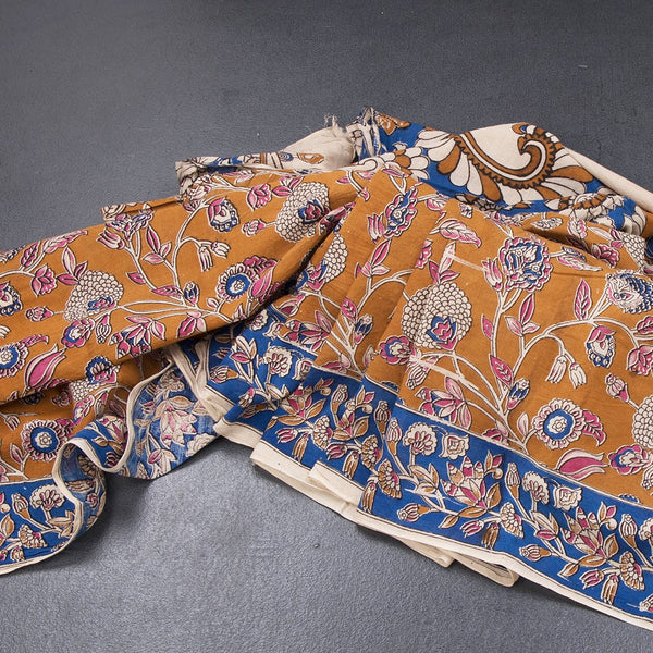 Kalamkari Cotton Mustard Yellow Printed Saree