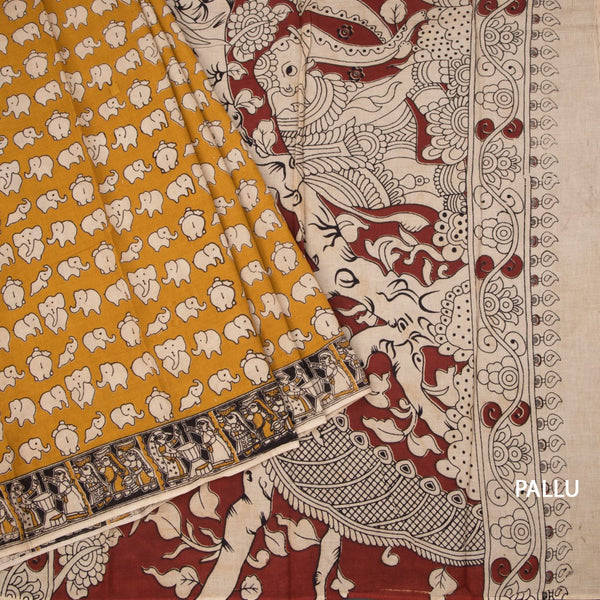 Kalamkari Cotton Yellow Printed Saree 02