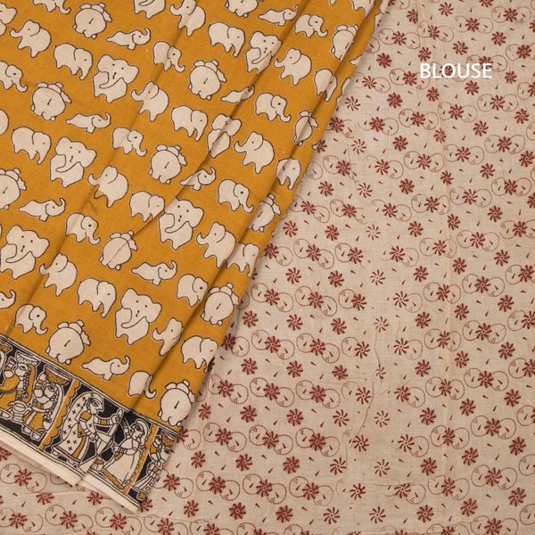Kalamkari Cotton Yellow Printed Saree 02
