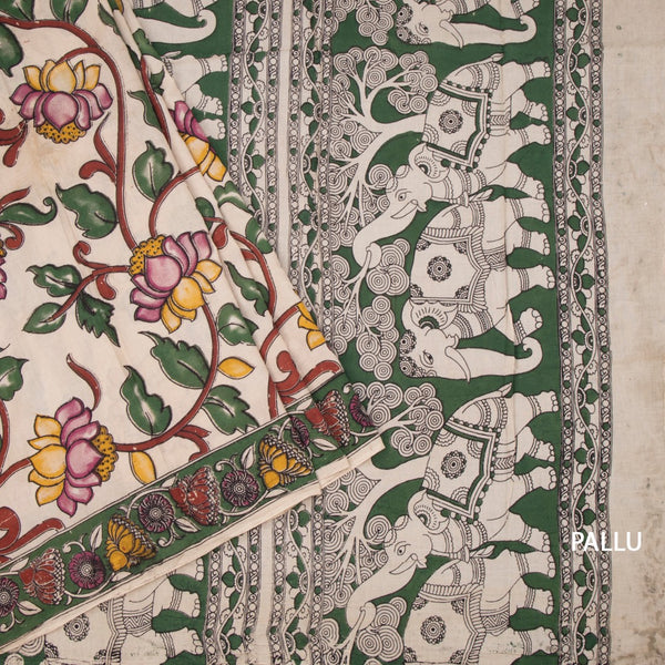 Kalamkari Cotton Cream Printed Saree 04