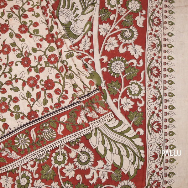 Kalamkari Cotton Cream Printed Saree 06