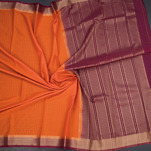 Semi Mysore Silk Fanta Orange Checked Saree And Zari Border