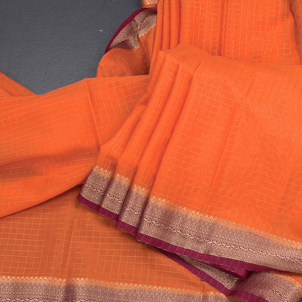 Semi Mysore Silk Fanta Orange Checked Saree And Zari Border