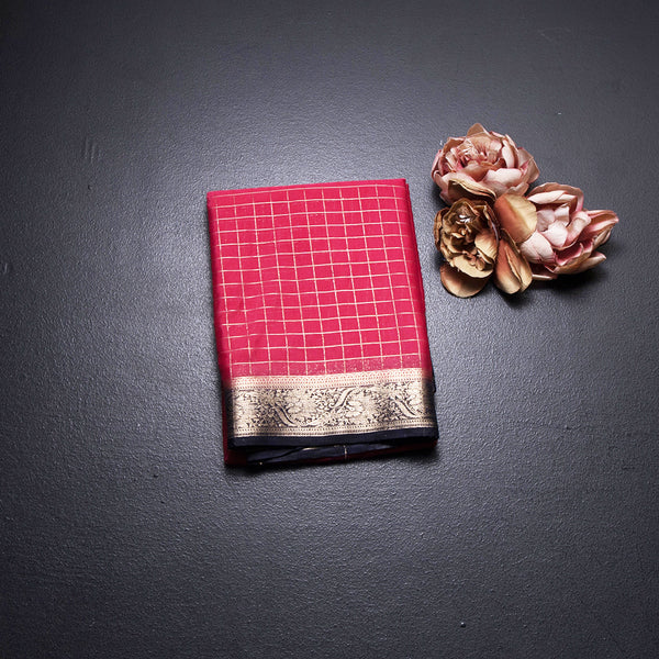 Semi Mysore Silk Fiery Rose Pink Checked Saree And Zari Border