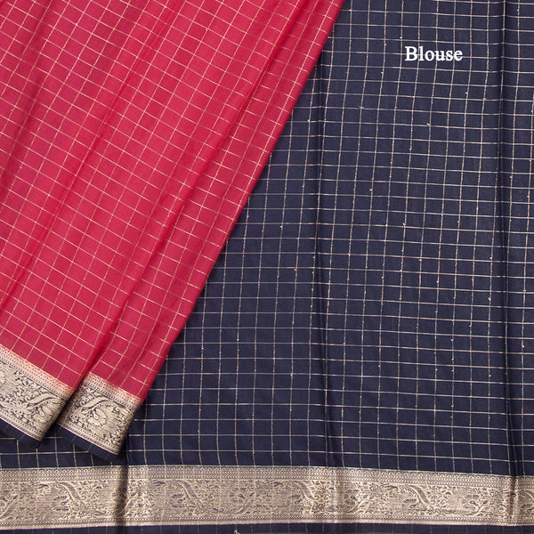 Semi Mysore Silk Fiery Rose Pink Checked Saree And Zari Border