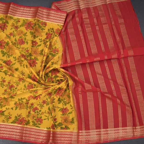 Semi Mysore Silk Yellow Floral Printed Saree And Zari Border
