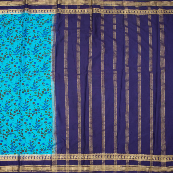 Semi Mysore Silk Sky Blue Floral Printed Saree And Zari Border