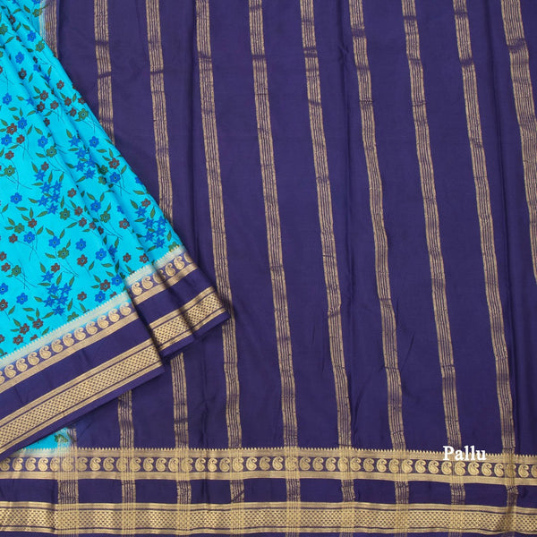 Semi Mysore Silk Sky Blue Floral Printed Saree And Zari Border