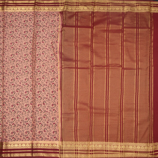 Semi Mysore Silk Peach Floral Printed Saree And Zari Border