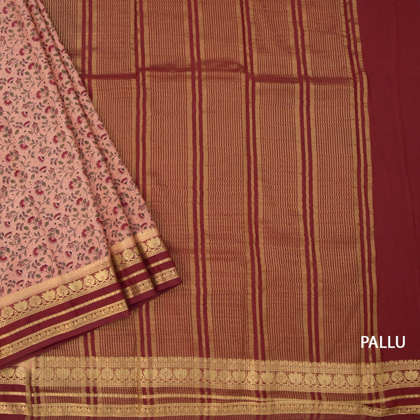 Semi Mysore Silk Peach Floral Printed Saree And Zari Border