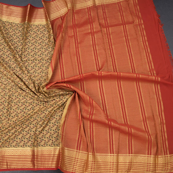 Semi Mysore Silk Sandal Floral Printed Saree And Zari Border 02