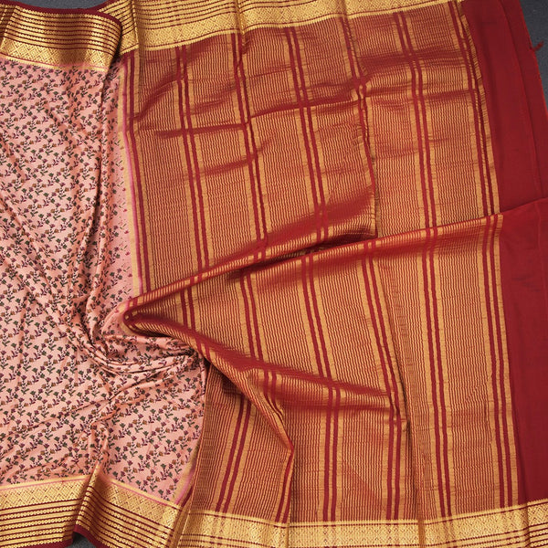 Semi Mysore Silk Peach Floral Printed Saree And Zari Border 02