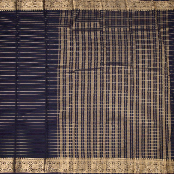 Semi Mysore Silk Navy Blue Zari Stripes Saree And Zari Border