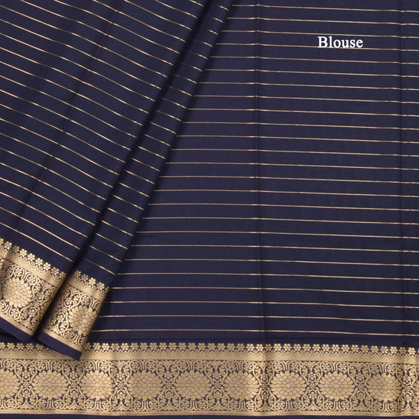 Semi Mysore Silk Navy Blue Zari Stripes Saree And Zari Border
