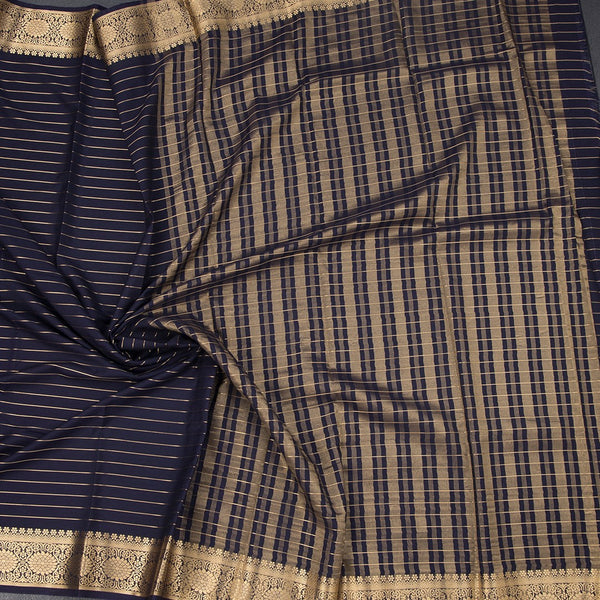 Semi Mysore Silk Navy Blue Zari Stripes Saree And Zari Border