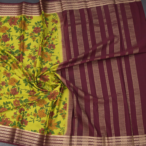 Semi Mysore Silk Parrot Green Floral Printed Saree