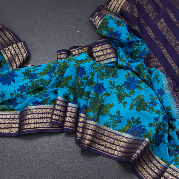 Semi Mysore Silk Azure Blue Floral Printed Saree