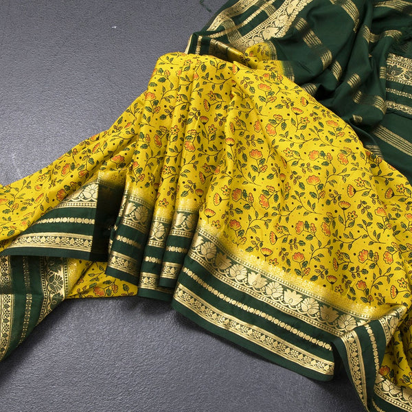 Semi Mysore Silk Lime Green Floral Printed Saree