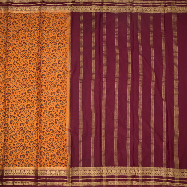 Semi Mysore Silk Orange Floral Printed Saree