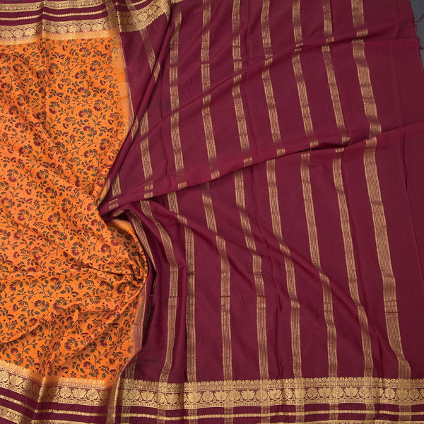 Semi Mysore Silk Orange Floral Printed Saree