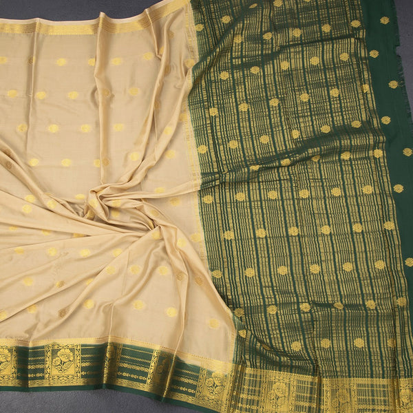 Semi Mysore Silk Beige Saree With Zari Buttas