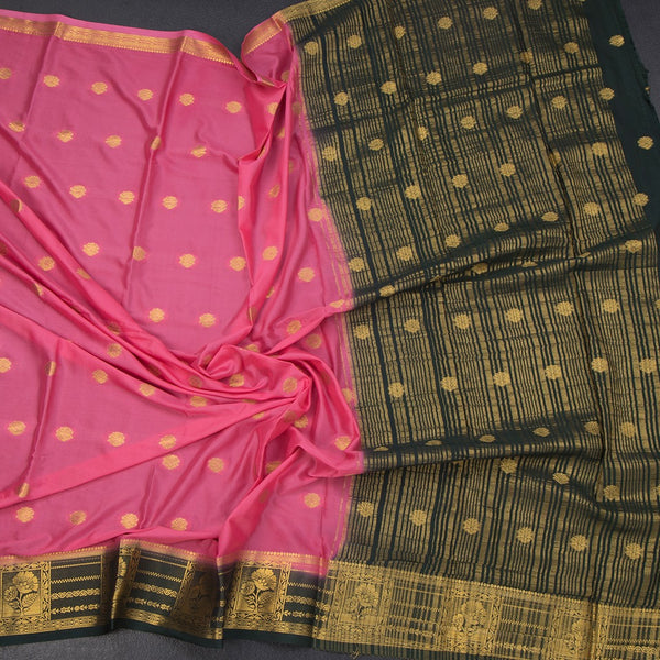 Semi Mysore Silk Fiery Rose Pink Saree With Zari Buttas