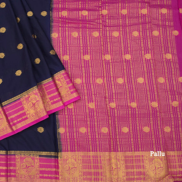 Semi Mysore Silk Navy Blue Saree With Zari Buttas