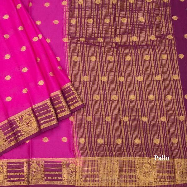 Semi Mysore Silk Rani Pink Saree With Zari Buttas