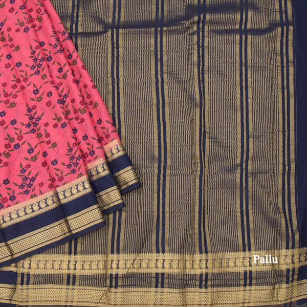 Semi Mysore Silk Fiery Rose Pink Floral Printed Saree