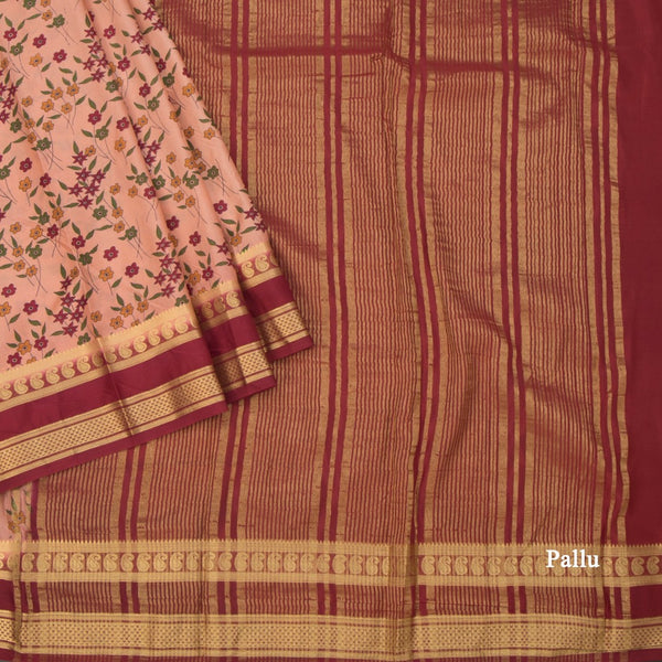 Semi Mysore Silk Peach Floral Printed Saree