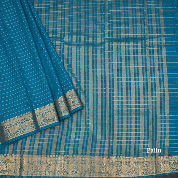Semi Mysore Silk Peacock Blue Zari Stripes Saree