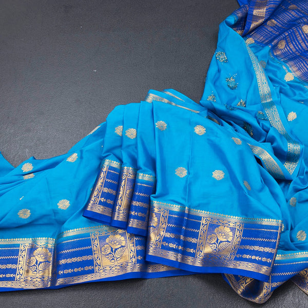 Semi Mysore Silk Azure Blue Zari Worked Saree 02