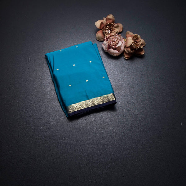 Semi Mysore Silk Peacock Blue Zari Worked Saree