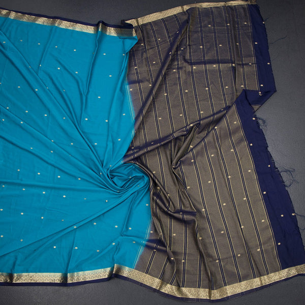 Semi Mysore Silk Peacock Blue Zari Worked Saree