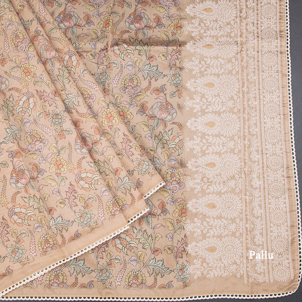 Semi Raw Silk Light Brown Floral Printed Saree 03