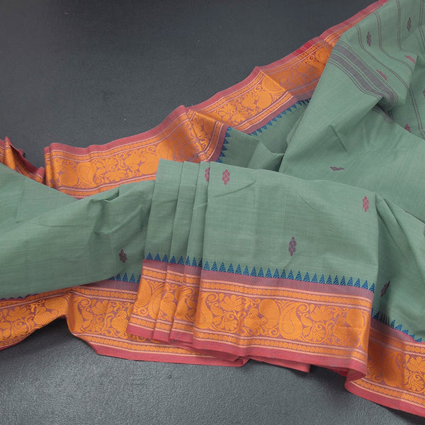 Chettinad Cotton Pista Green Thread Embossed Saree