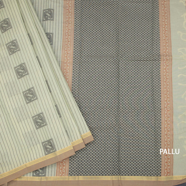 Chettinad Cotton Pista Green Thread Embossed Saree 02