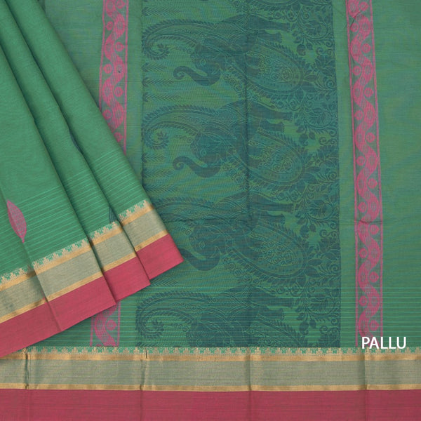 Chettinad Cotton Teal Green Thread Embossed Saree