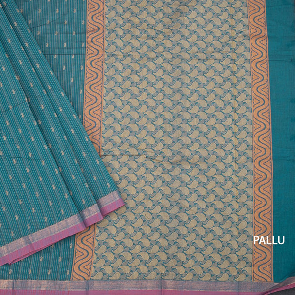 Chettinad Cotton Peacock Blue Thread Embossed Saree