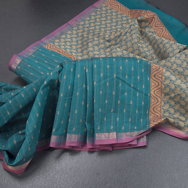 Chettinad Cotton Peacock Blue Thread Embossed Saree