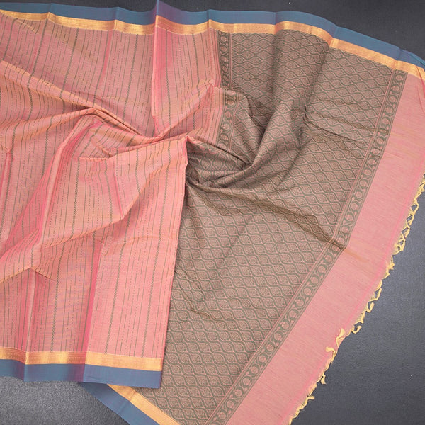 Chettinad Cotton Peach Thread Embossed Saree